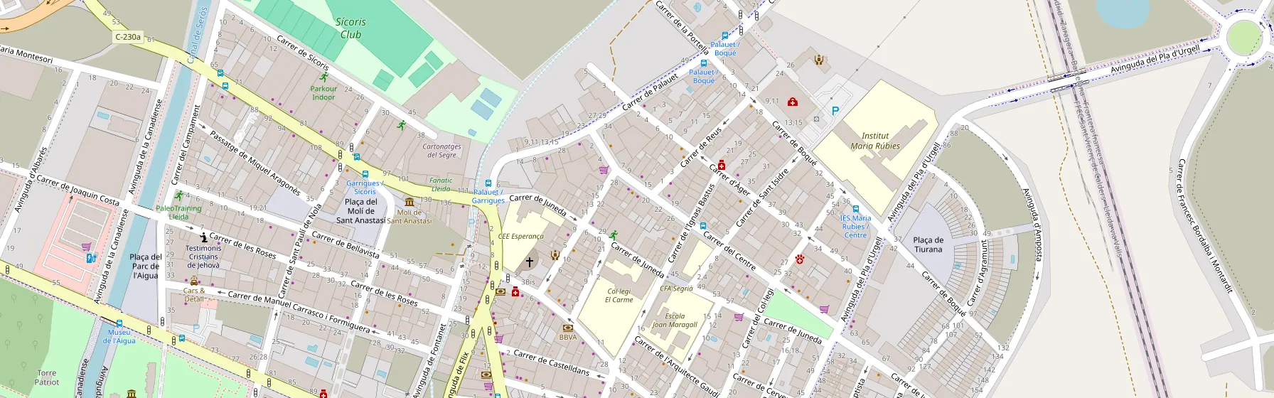 Plano del barrio de la Bordeta (Lleida) con la ubicación del taller MOTOR SIN en el Carrer del Centre