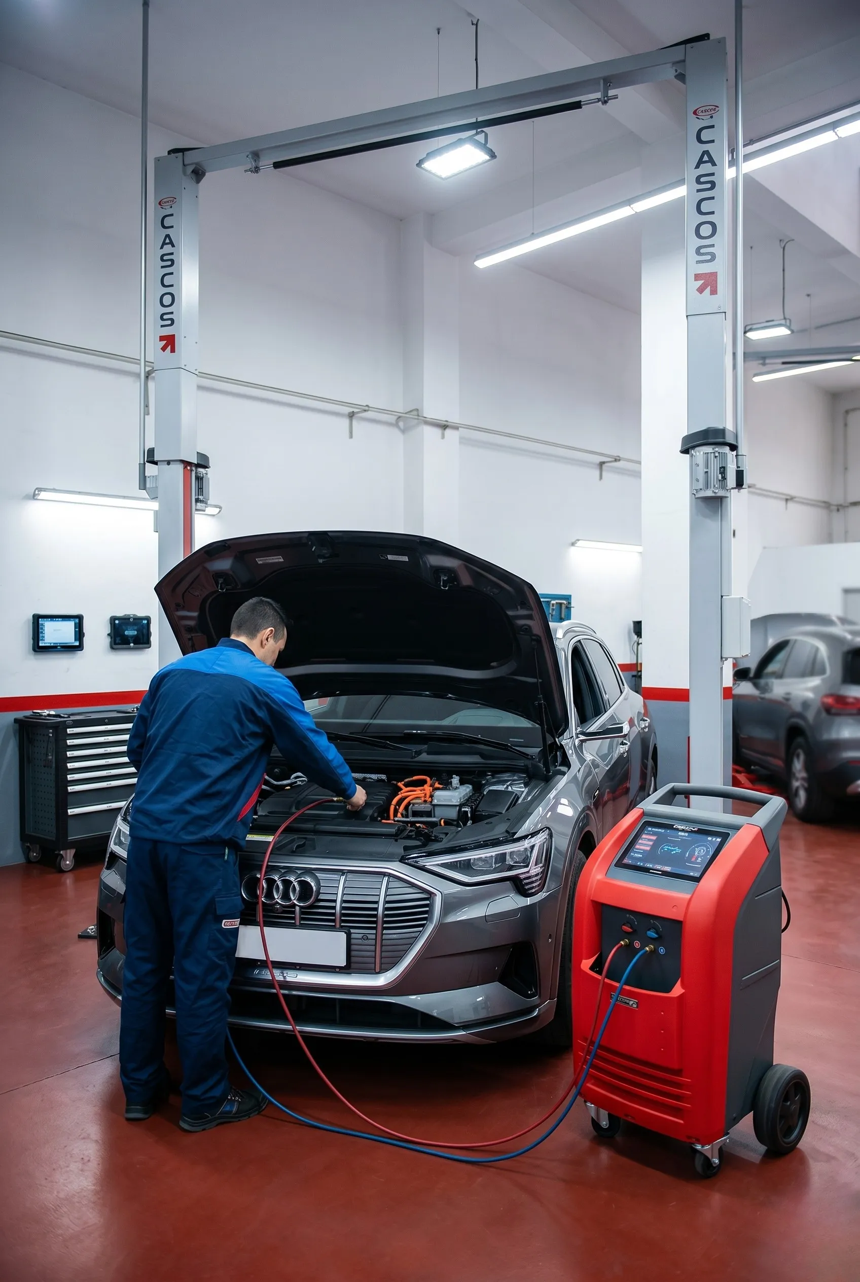 Mecánico de MOTOR SIN trabajando en el motor de un vehículo en el taller